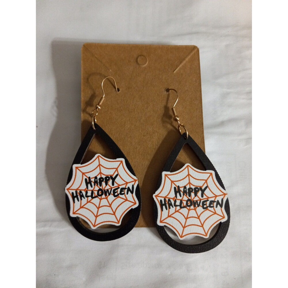 Halloween Dangle Earrings Spiderwebs Happy  Halloween Wooden 3 Inch Drop
